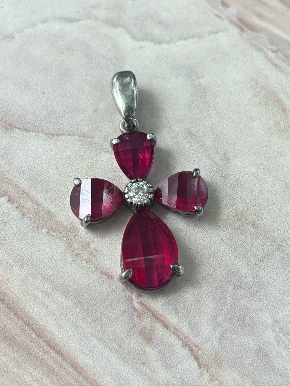 SX Signed Sterling Silver 925 Ruby Quartz Glass Cross Flower Pendant Jewelry 1”